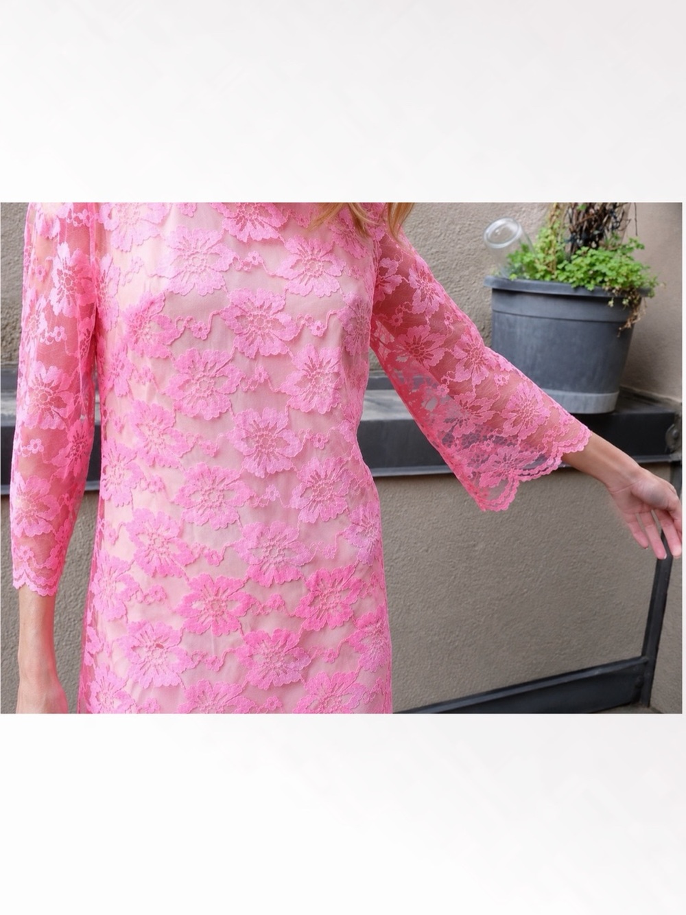 VTG 60s Neon Hot Pink Floral Lace Shift Mini Dress • Nude Slip • 3/4 Sleeve • S
